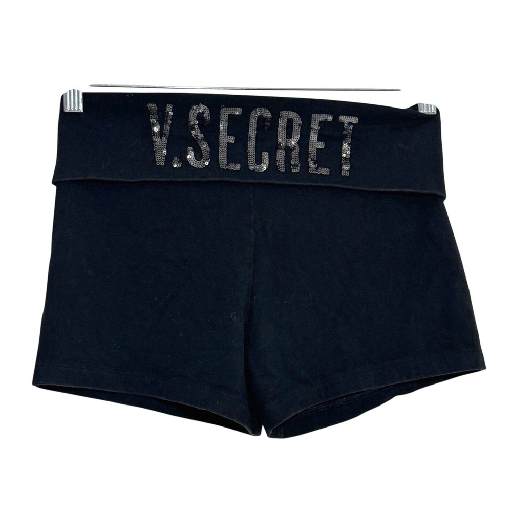 Victoria's Secret Black Sequin Logo Fold over Yoga Shorts‎ Women's Medium M Y2K - Picture 2 of 4